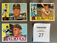Front view of three cards showing Lou Burdette, Ed Mathews, and Bill Mazeroski with player names, teams, and positions.