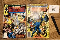 Two comic books side by side: Micronauts #3 on left, Micronauts #1 on right with 'Fantastic First Issue' label
