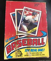 Top view of the red and yellow 1988 Topps Baseball wax box with graphic of a Don Mattingly card and text "BASEBALL THE REAL ONE!" and price 35¢.