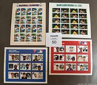 Overview of 4 uncut sheets of baseball player stamps showing all items in the lot with various player images including Mantle, Williams, DiMaggio