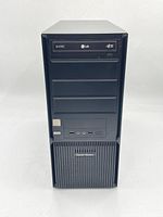 Front view of the Cooler Master computer tower case showing LG optical disc drive, ventilation grill, front USB ports, audio jacks, and buttons.