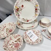 Wide view of entire dish set showing plates, bowls, saucers, and cups arranged