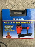 Box showing King Canada 16 GA. x 2 inch N Type Medium Crown Stapler Kit with features and image of stapler.