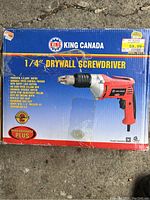 Photo of King Canada 1/4 inch drywall screwdriver in original packaging showing product features and price tag.