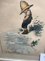 Full view of the print showing the boy fishing by the pond, including his attire and the scene details with water ripples, fish, and frog.