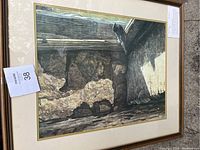 Framed print by Robert Bateman showing a bird on a wooden beam with stone walls, taken from the front.