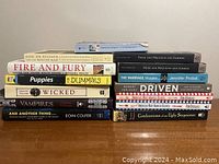 Front view of all books stacked in two piles showing titles and condition.