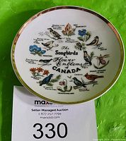Photo of a decorative plate showing detailed colored drawings of Canadian songbirds and flowers, labeled with bird names and provincial names.
