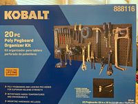 Front of box showing Kobalt logo, product name, image of pegboard with tools, and basic product features.