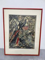 Framed painting with darker palette showing a woman holding a child with red frame