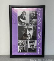 Framed poster with purple background featuring multiple black and white images of Johnny Cash, text reads 'Keep Calm & Walk The Line'