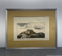 Full view of the framed artwork showing the silver frame and beige mat surrounding the engraving of Stirling Castle.