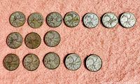 Fifteen silver quarters laid out on pink cloth in two rows