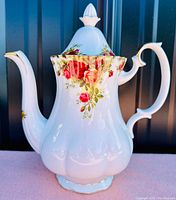 Full view of Royal Albert Old Country Roses coffee pot showing floral pattern and shape.
