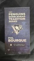 Box front showing 1991 Penguins Bobblehead Tradition Series with Phil Bourque and series number 8.