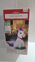 Box showing the Holiday Time Magic Unicorn label, 3.5 feet tall, recommended for ages 1-25, priced $14.98.