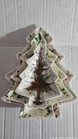 Photo of nested ceramic trinket dishes shaped like Christmas trees with speckled paint.