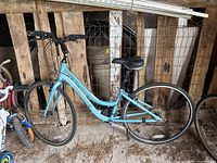 Full left-side view of light blue step-through frame bicycle leaning against wooden panel