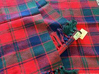Close-up of Robertson tartan pattern showing red, blue, and green plaid wool fabric with fringed edge and original tags.