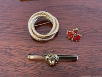 All three pins displayed on wood background: circular brooch, bar brooch, red enamel pin