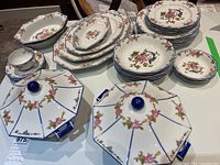 Full set overview including plates, bowls, cups, and covered serving dishes showing the floral pattern and blue accents.