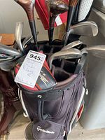 Overhead view of the TaylorMade golf bag filled with clubs, showing bag branding and overall contents.