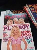 Photo showing the front covers of several Playboy magazines from 2008 stacked and spread out showing Anna Faris and other featured models.