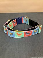 Photo of the large dog collar laid out showing colorful chickens on square blocks with black backing and adjustable strap.