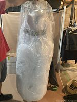 Photo showing the wedding dress inside a clear garment bag, the dress is strapless with a full skirt, white in color.