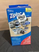 Box of Ziploc Space Bags unopened with clear details on branding, packaging, and advertised features.