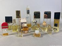 Photo showing all 14 assorted vintage perfume bottles arranged in one row including brands Doulton, Miss Dior, Lancôme Trésor, Elizabeth Arden Splendor, and others, with visible caps and various shapes.