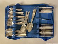 Full view of the vintage silverplate flatware set arranged in blue velvet holder. Includes forks, knives, spoons, and serving pieces.