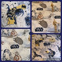 Close-up of Batman and Robin character fabric with Star Wars characters showing color and details
