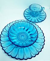 Photo showing a cup on a saucer, bowl centered on lunch plate, all turquoise glass with Daisy pattern.