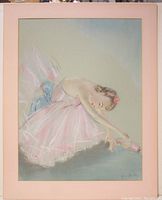 Full view of pastel ballerina drawing on matte board, showing the whole artwork including signature and frame matting.