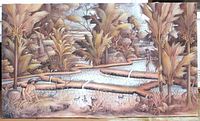 Full view of the large canvas painting showing the rice paddies with workers and palm trees in a naturalistic Indonesian landscape.