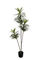 Photo shows a 58 inch tall artificial plant with three long stems and green variegated leaves in a black pot.