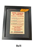 Black framed WWII German leaflet with red and black text and aged paper condition.