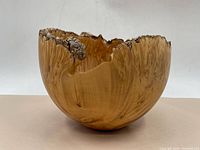 Front side view of the large burl wood bowl showing natural bark rim and wood grain.
