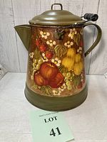 Full view of vintage enamel cowboy coffee pot with handpainted floral and fruit design, showing overall condition and shape