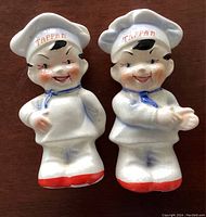 Front view of the pair of Little Tappen Chef salt and pepper shakers with visible facial features and 'TAPPAN' on their white chef hats.