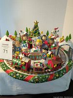 Full view of Peanuts Christmas Wonderland train layout with characters, train, and decorated base