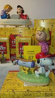 Overview of five Peanuts Gallery figures, including Snoopy, Sally, and Charlie Brown playing piano, all displayed with original Hallmark-themed boxes in the background.