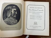 Portrait illustration of Dante Alighieri and title page of The Divine Comedy showing translation and illustrator details.