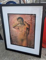 Framed nude male oil painting shown angled and standing, displaying overall condition and appearance.
