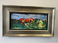 Front view of framed impressionist abstract tree-line oil painting on board showing vibrant colors and detailed brush strokes.