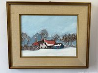 Frontal view of the framed oil painting showing the full winter landscape scene with snow and trees.