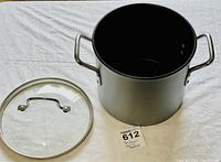 8-quart aluminum stock pot with glass lid, showing interior and exterior, side handles visible