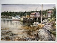 Full view of the watercolour painting showing the harbour scene with boat, docks, and surrounding landscape.