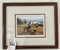 Framed print showing a man or person seated on a horse with a dog walking beside in an outdoor setting with trees and hills